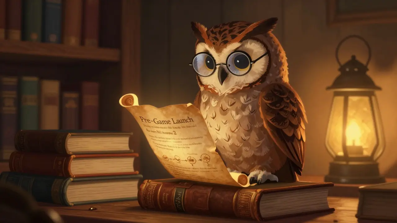 Eine gelehrte Eule mit Brille, die eine leuchtende Schriftrolle in einer gemütlichen Bibliothek studiert.