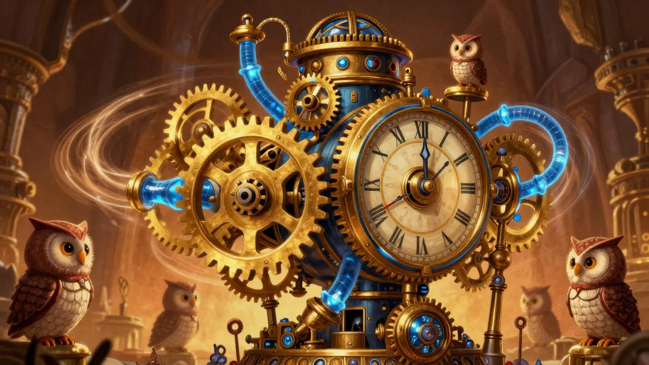 Eine goldene Uhrwerk-Maschine, die eine schnelle Blockchain symbolisiert