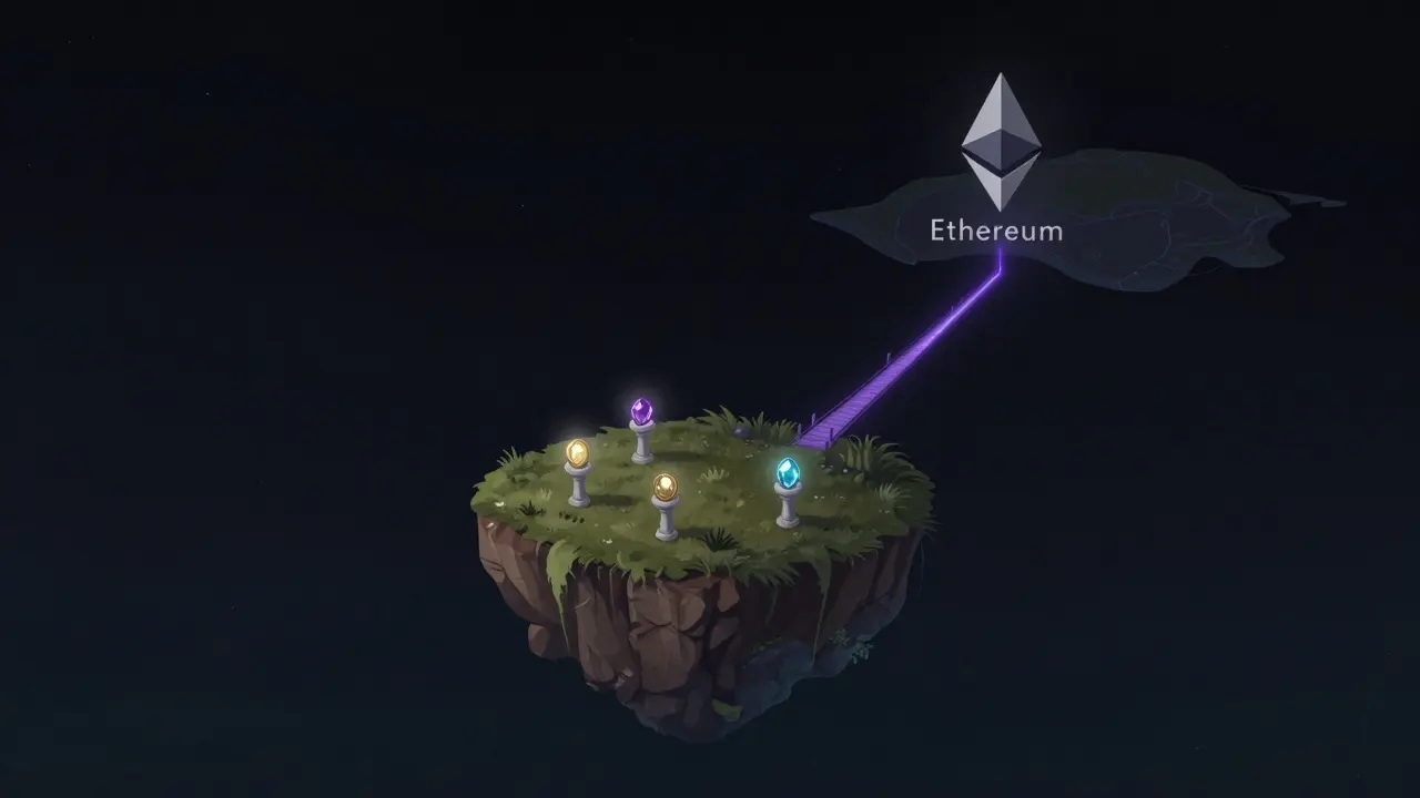 Eine kleine schwebende Insel mit nur fünf leuchtenden Edelsteinen im Weltraum.