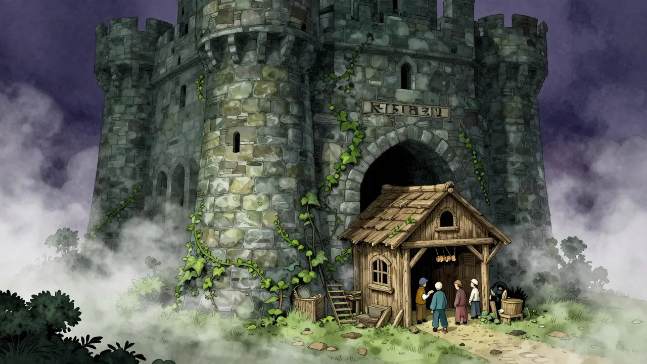 Eine kleine, versteckte Hütte im Schatten einer gewaltigen Steinfestung.