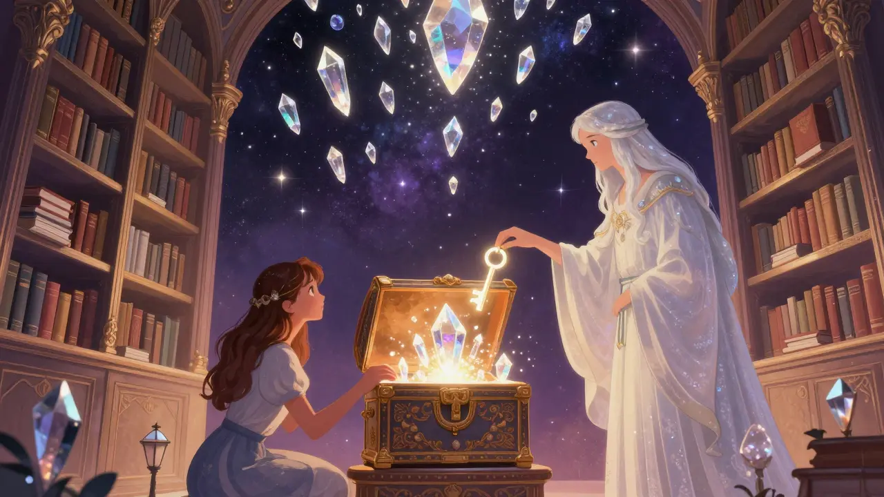 Eine kosmische Bibliothek mit schwebenden Kristallen und der Übergabe eines Lichtschlüssels.