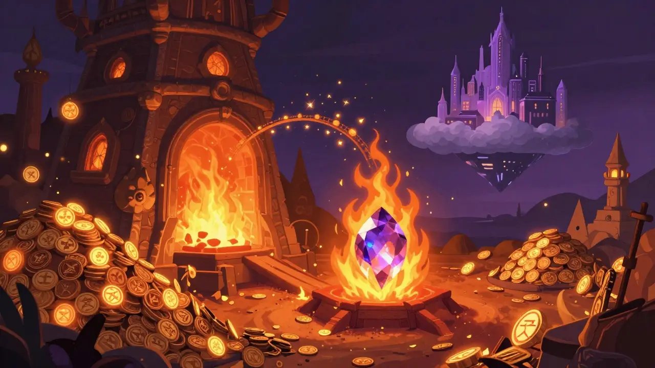 Eine magische Schmiede, die Token verbrennt, um eine Brücke zu einer schwebenden Stadt zu bauen.