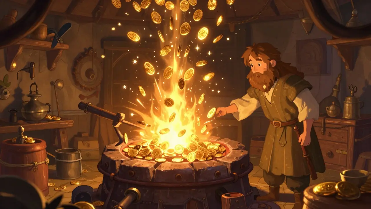 Eine magische Schmiede, in der goldene Münzen in Licht verwandelt werden.