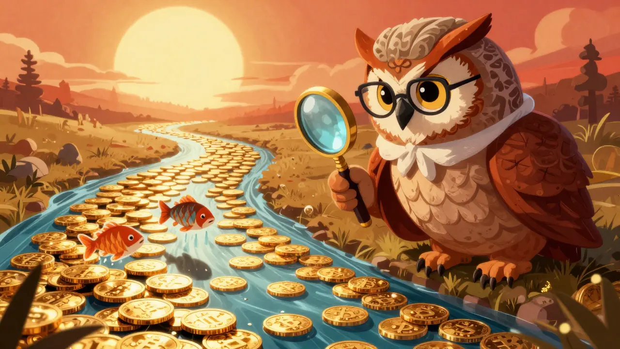 Eine riesige Eule mit Lupe, die einen Fluss aus digitalen Goldmünzen beobachtet.