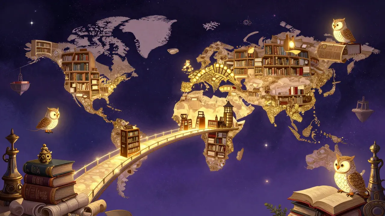 Eine schwebende kosmische Bibliothek mit mechanischen Eulen in einem Sternenhimmel.