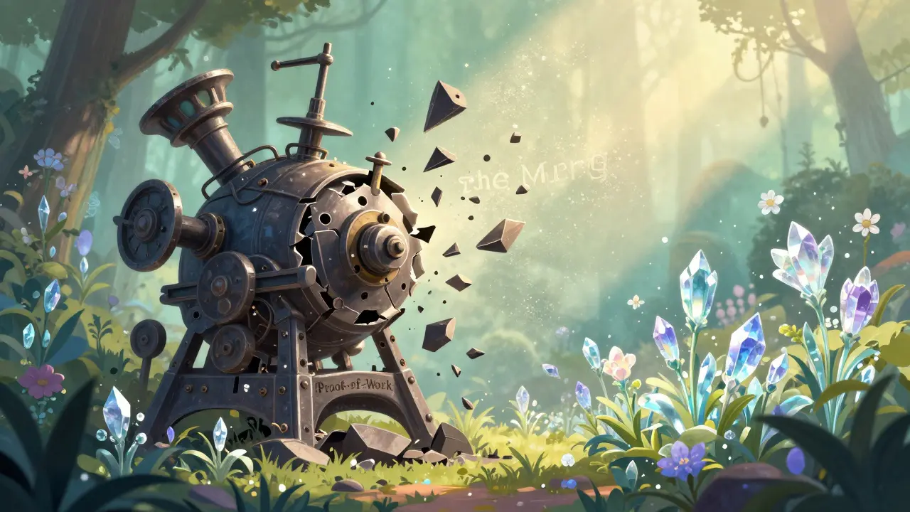 Eine schwere Maschine zerbricht und macht Platz für einen leuchtenden Garten aus Kristallen.