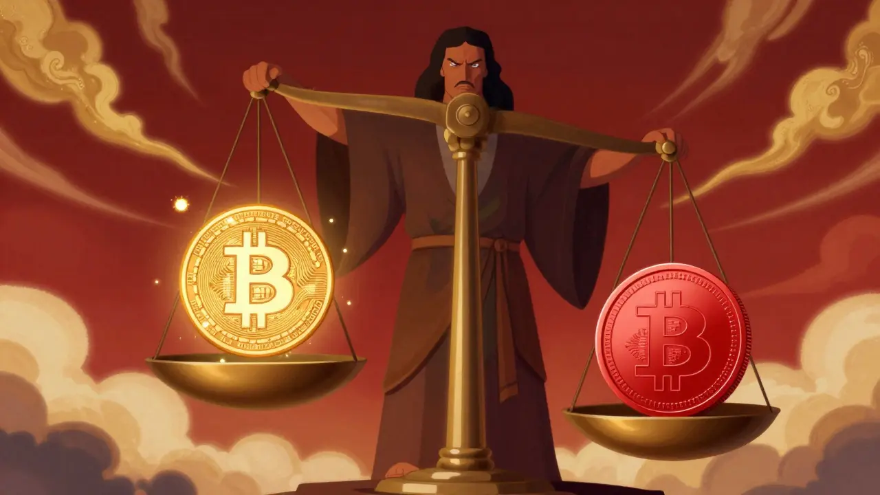 Eine Waage, die eine chaotische Bitcoin gegen eine schwere, staatlich kontrollierte digitale Yuan-Münze abwägt.