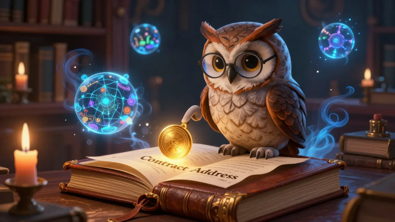 Eine weise Eule in einer magischen Bibliothek, die auf ein goldenes Siegel auf einem Pergament zeigt.