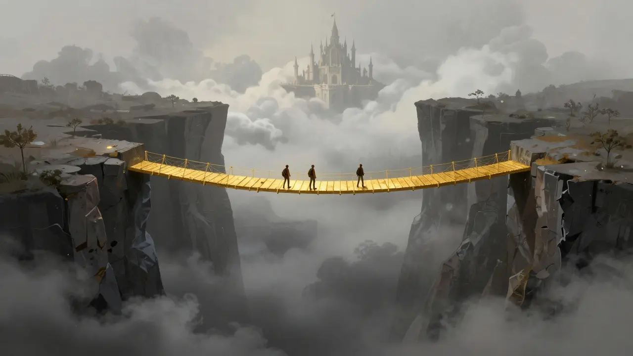 Eine zerbrechliche goldene Brücke über einem nebligen Abgrund