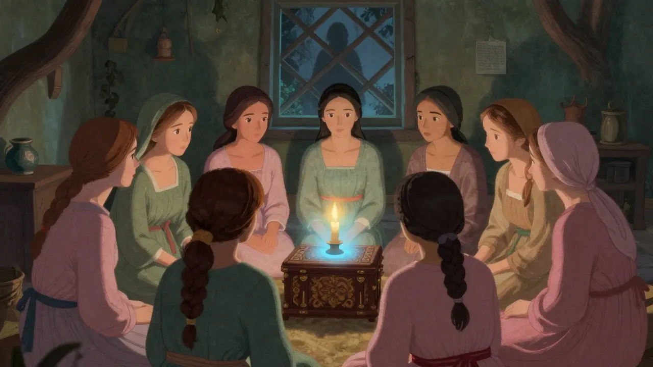 Frauen im Kreise um ein leuchtendes Kästchen bei Kerzenschein.