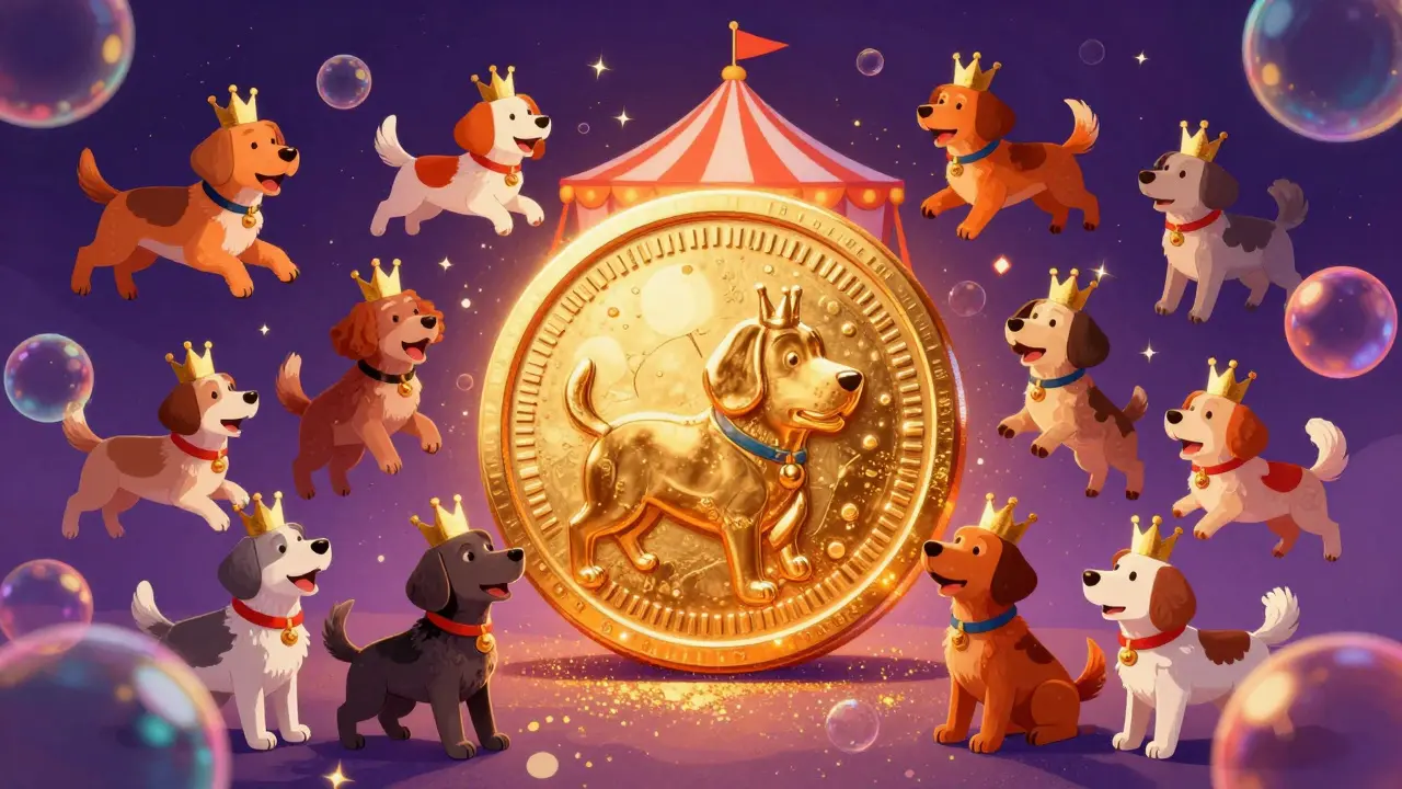 Fröhliche Hunde in einem magischen Karneval mit einer leuchtenden Goldmünze.