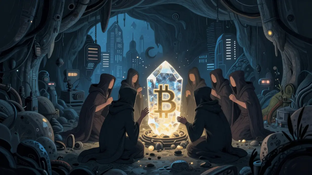 Geheimnisvolle Figuren in einer dunklen Höhle, die eine leuchtende Bitcoin-Kristallform austauschen.