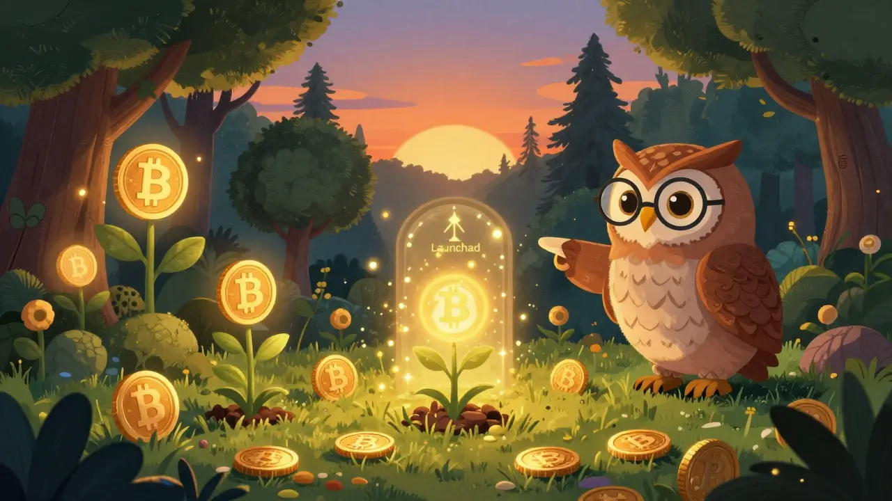 Goldene BNB-Münzen als Samen in einem verwunschenen Garten mit einer weisen Eule.