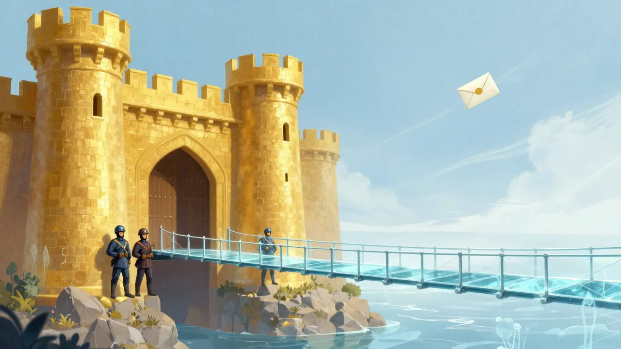 Kontrast zwischen einer sicheren goldenen Festung und einer zerbrechlichen Glasbrücke.