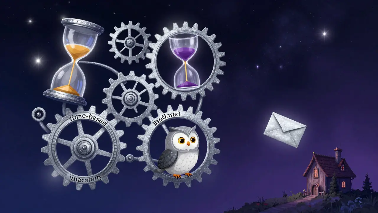 Magische Zahnräder und eine Eule mit einem Brief, die zeitgesteuerte Zugriffstrigger symbolisieren.