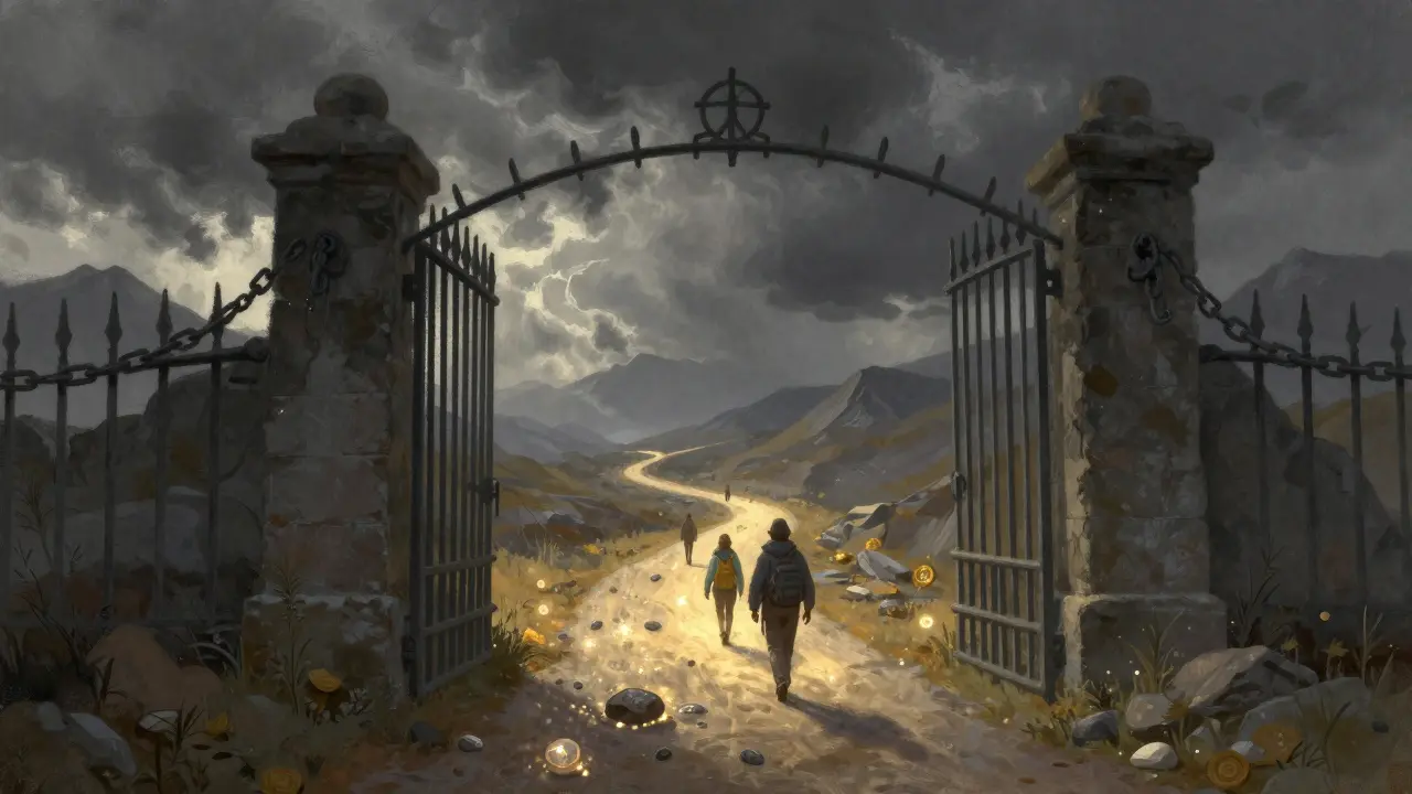 Reisende folgen einem glühenden Pfad weg von schweren Eisen Türen.