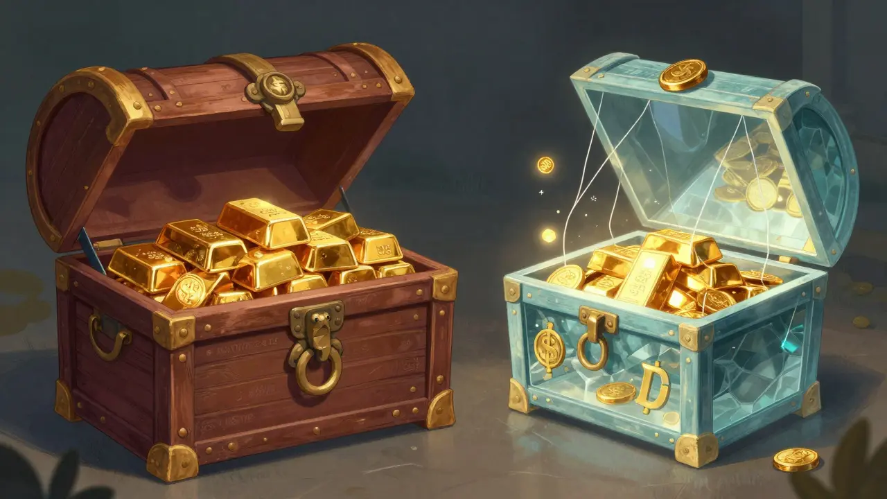 Vergleich zwischen einer stabilen Schatzkammer mit Gold und einer schwebenden Spiegelkiste mit Lichtreflexionen.
