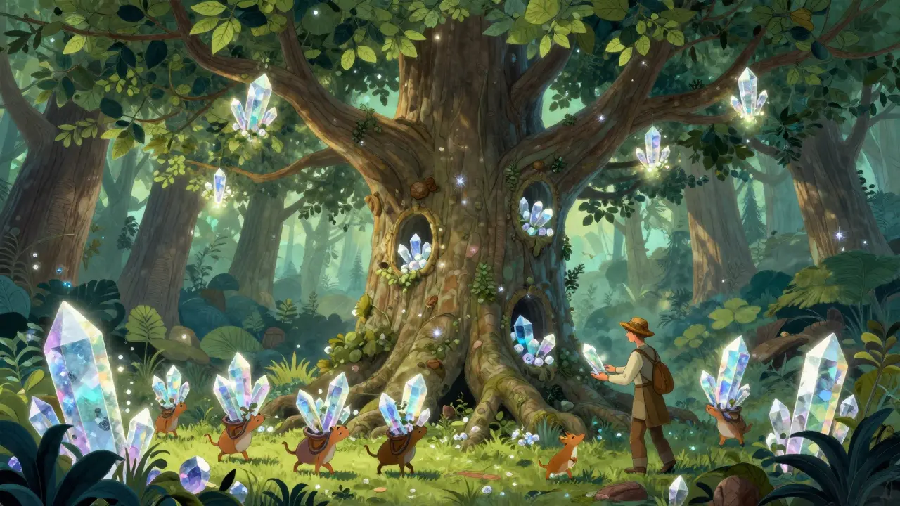 Waldwesen, die Datenkristalle in einem magischen Baum speichern.