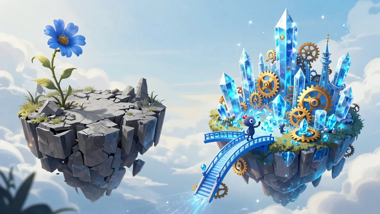 Zwei schwebende Inseln: eine zerfallende und eine blühende Kristallstadt mit blauen Kristallen.