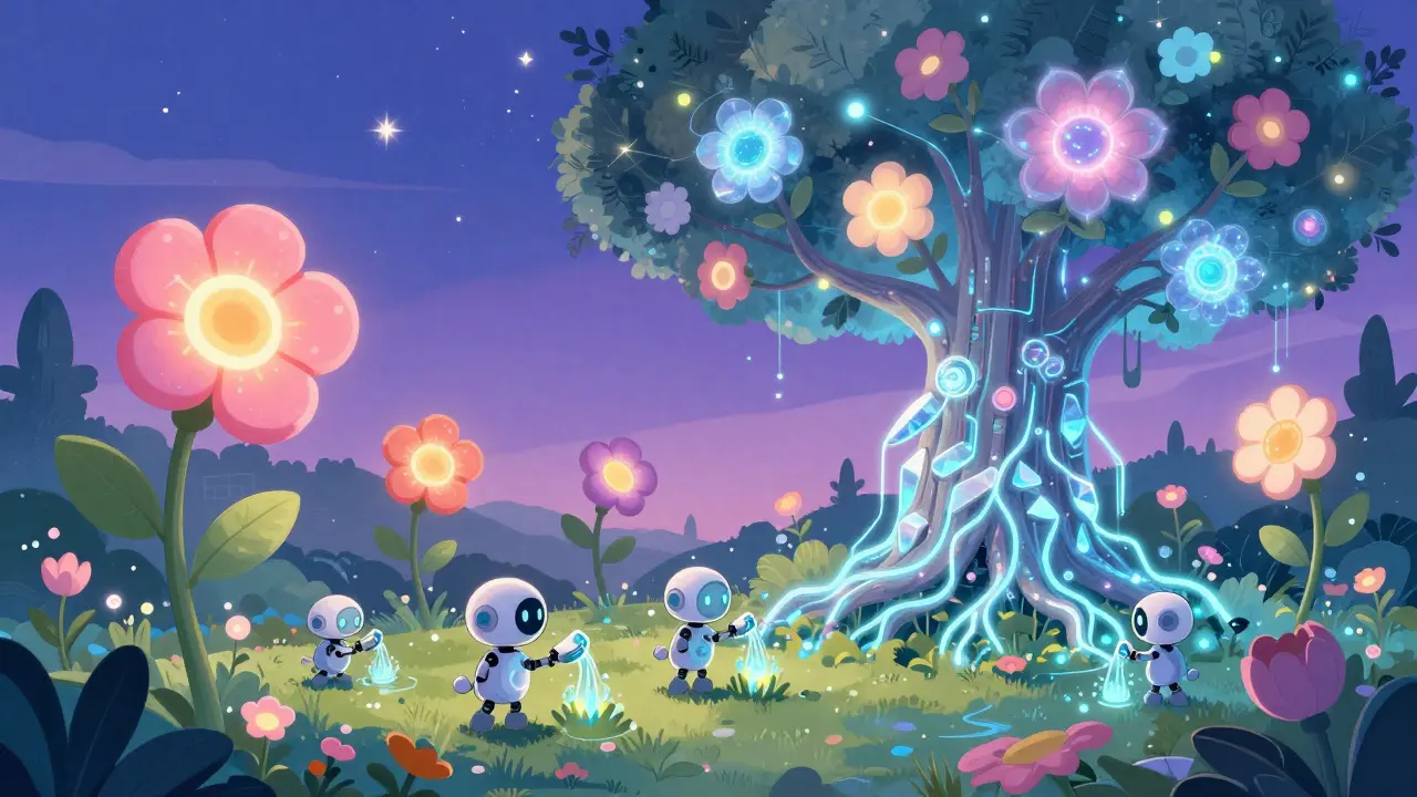 Ein futuristischer Garten mit mechanischen Blumen und leuchtenden Wurzeln, die einen kristallinen Blockchain-Baum nähren.