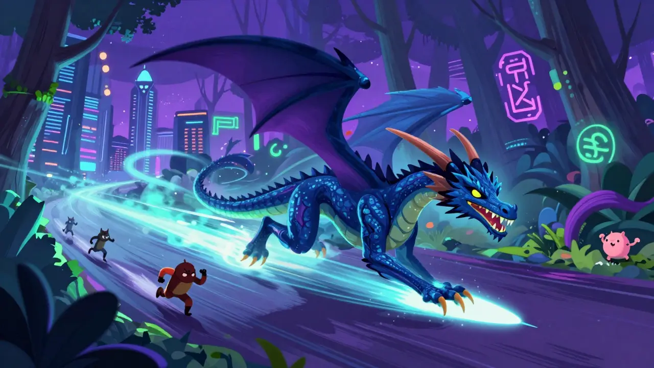 Ein schneller Drache im Neon-Wald repräsentiert Singapurs High-Tech-Infrastruktur