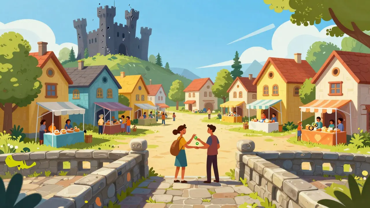 Ein sonniger Marktplatz zeigt sichere Alternativen im Kontrast zu einer bedrohlichen Burg.