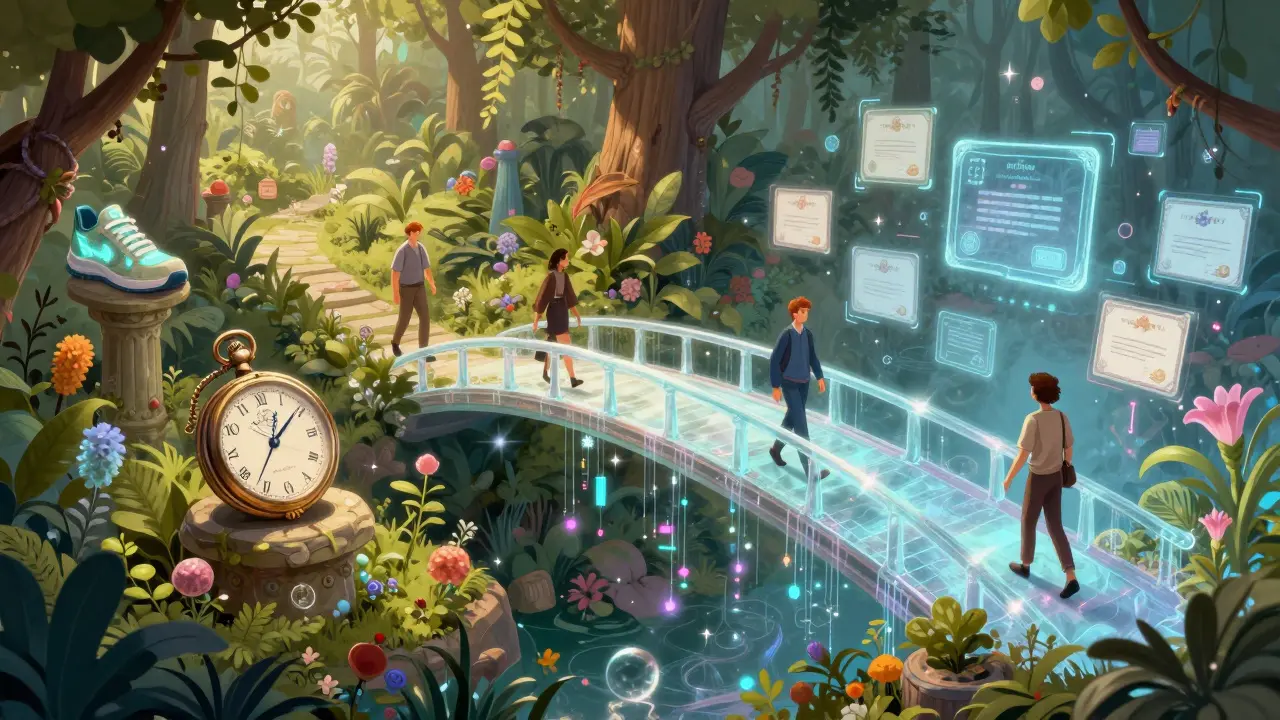 Eine Brücke verbindet physische Objekte wie Uhren mit digitalen Zertifikaten, was hybride NFTs darstellt.