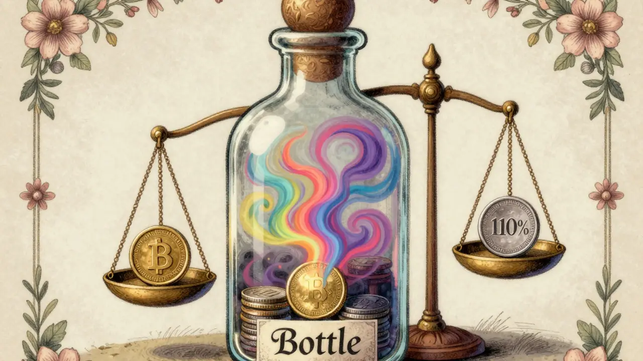 Eine mystische Glasflasche mit einer Waage, die das 110%-Sicherheitsverhältnis zeigt
