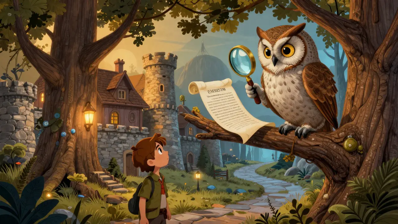 Eine weise Eule prüft einen Vertrag mit einer Lupe vor einem sicheren Dorf