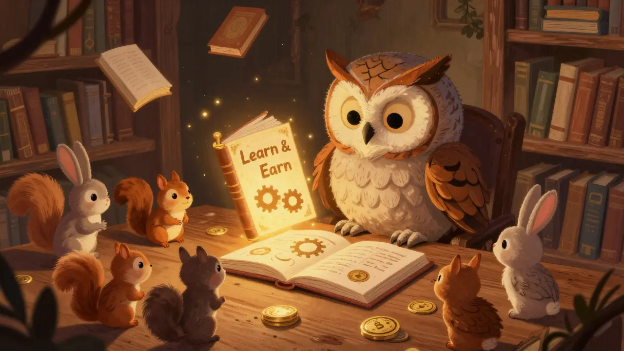 Eule unterrichtet Tiere über Learn &amp; Earn Prinzipien