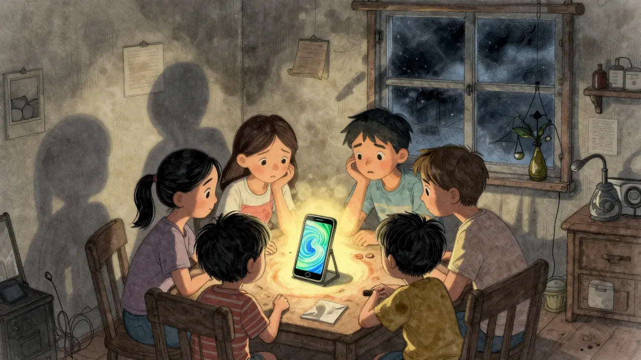 Familie betrachtet leuchtendes Smartphone als Symbol für digitales Überleben