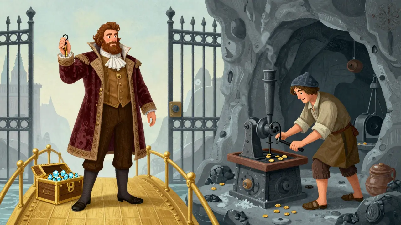 Illustration: Reiche Investoren und arme Miner getrennt durch ein eisernes Tor