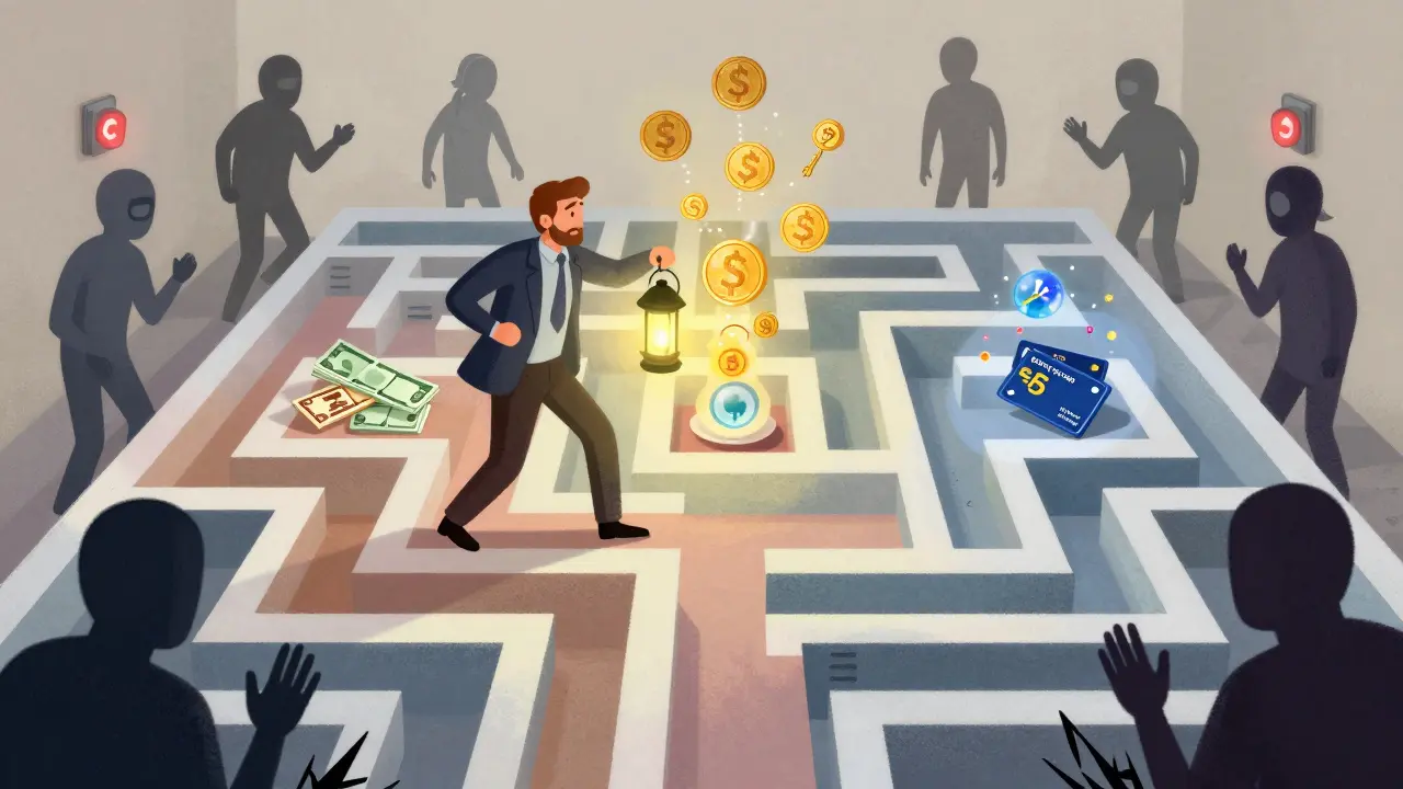 Kaufmann navigiert durch Labyrinth von Bankregeln und Krypto-Optionen
