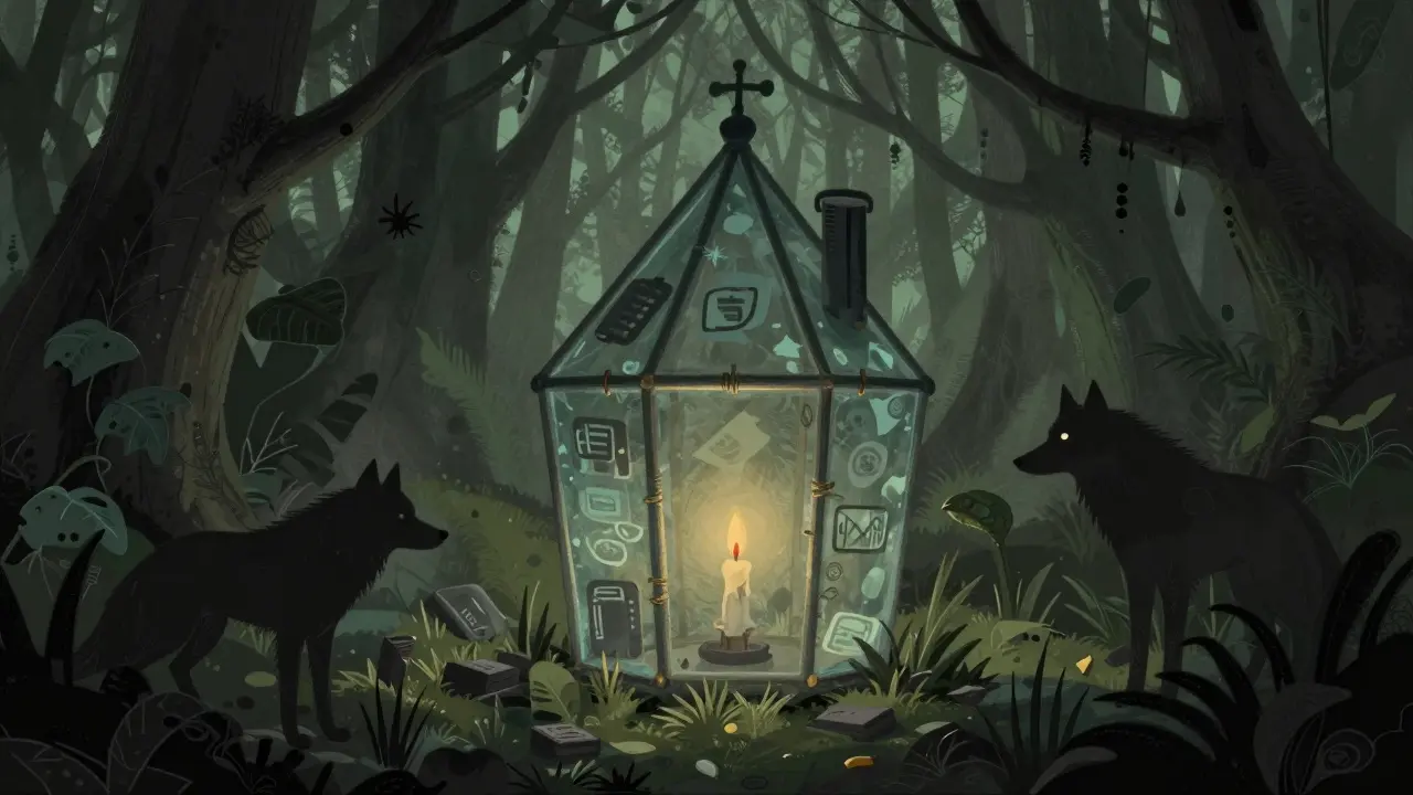 Märchenillustration: Glashaus im schattigen Wald symbolisiert fehlende Sicherheitsaudits