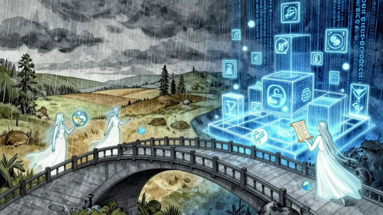 Mystische Boten überqueren eine Brücke aus Code und verbinden die reale Welt mit der Blockchain.