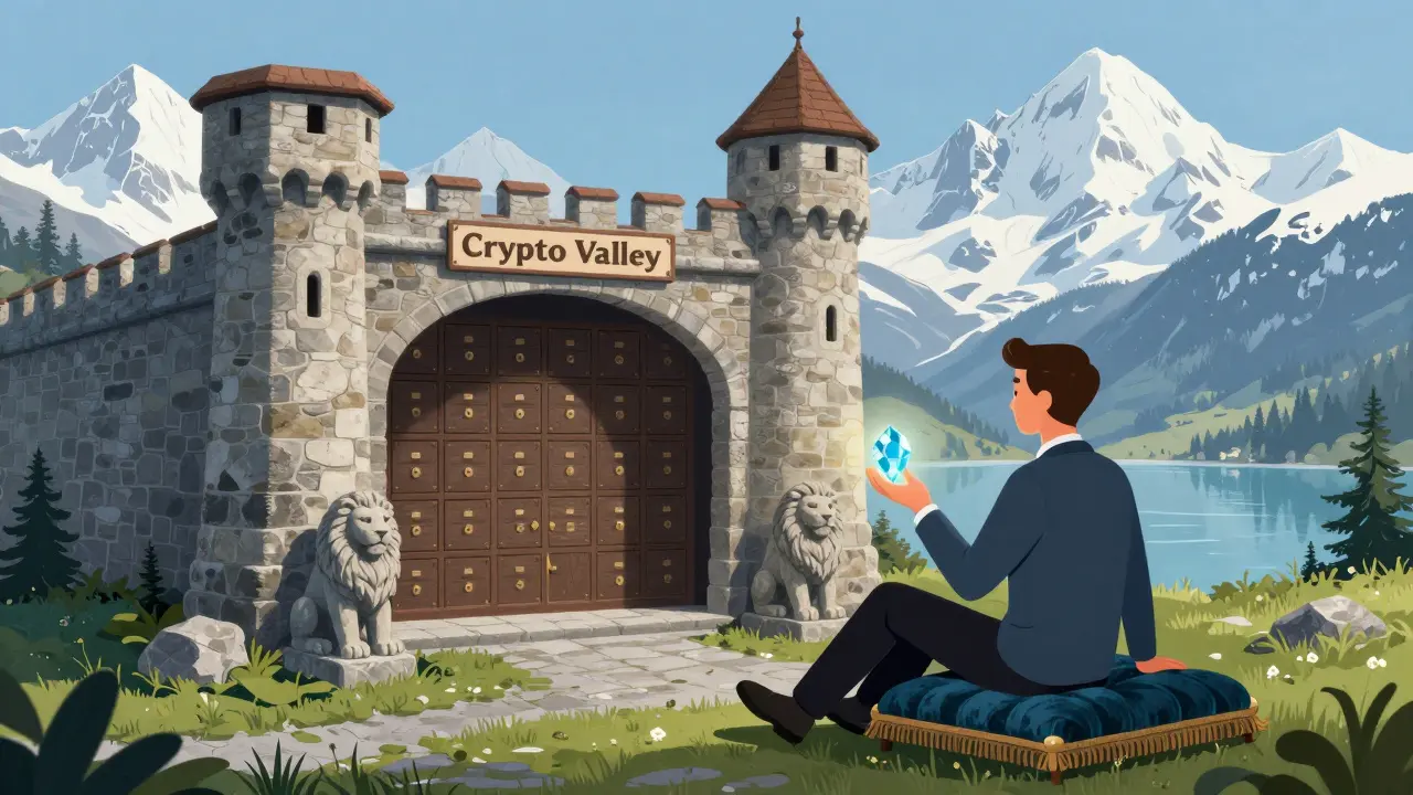Schweizer Bergfestung als Symbol für sichere Krypto-Investitionen und Stabilität