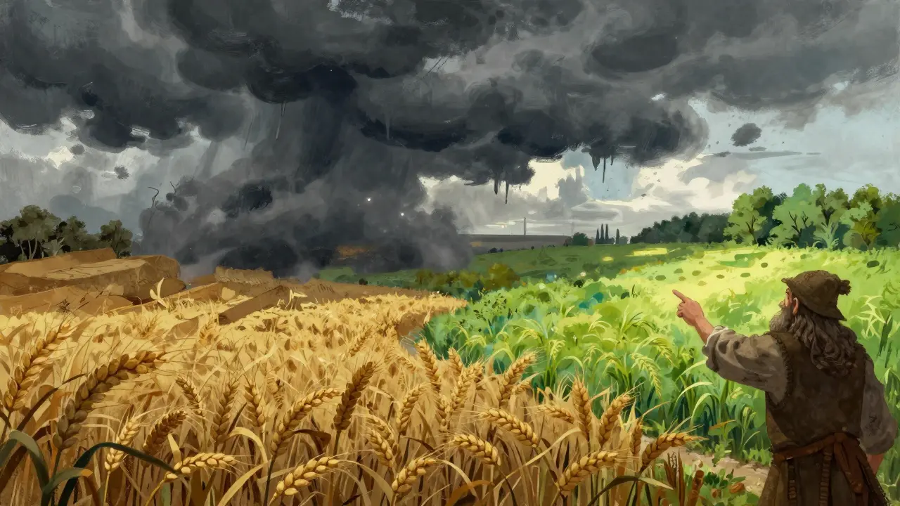 Sturm über dem Weizenfeld zeigt den Einfluss von Wetter auf die virtuelle Landwirtschaft.