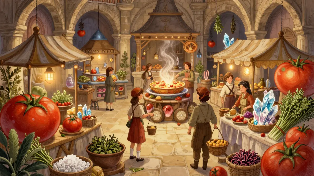 Verzauberter Marktplatz mit riesigen Zutaten und einer mystischen Küche im Hintergrund.