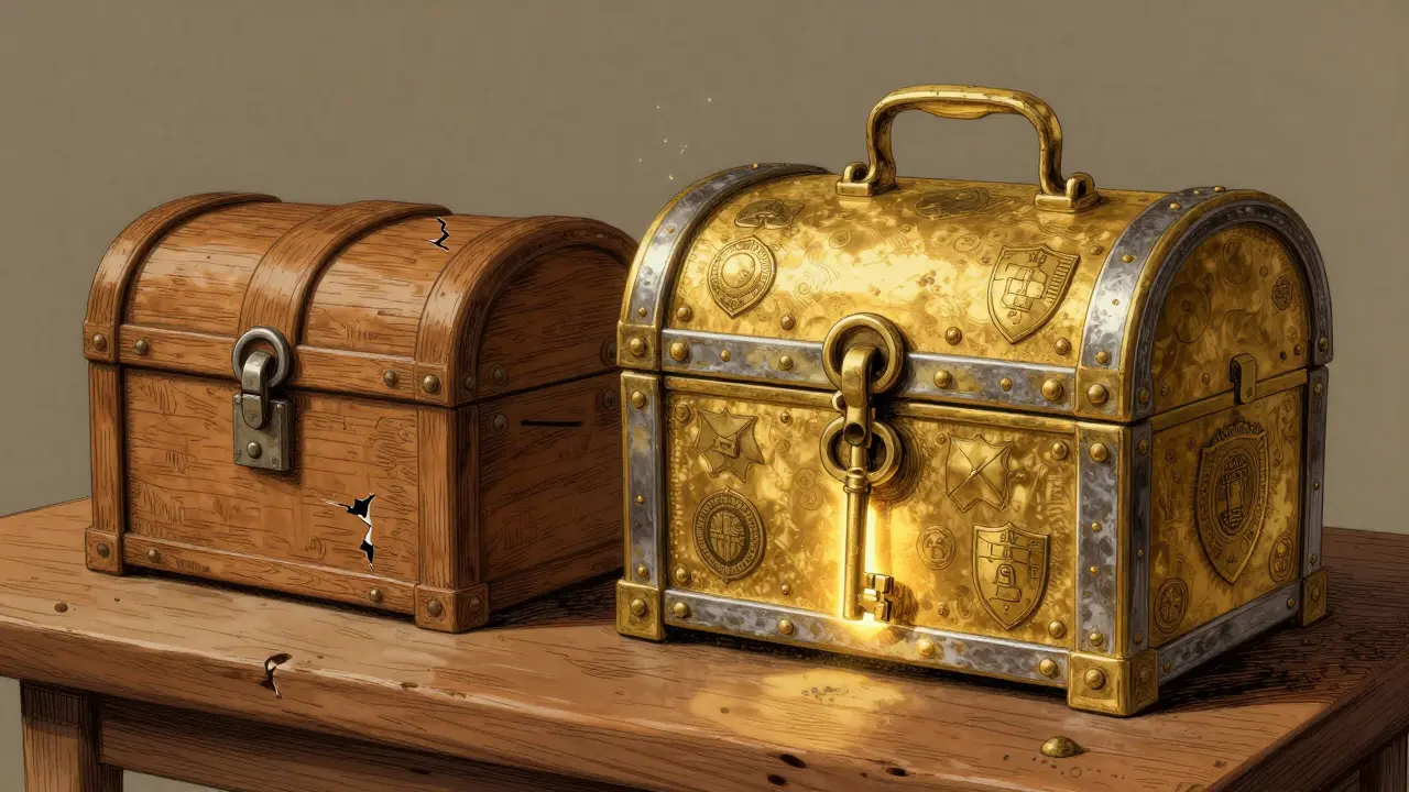 Zwei Truhen nebeneinander: Eine solide goldene und eine täuschend fragile hölzerne