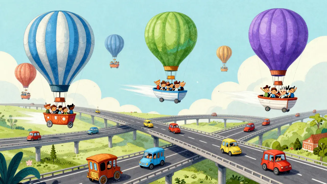 Bunte Heißluftballone und Schiffe transportieren viele Reisende schnell auf Layer 2