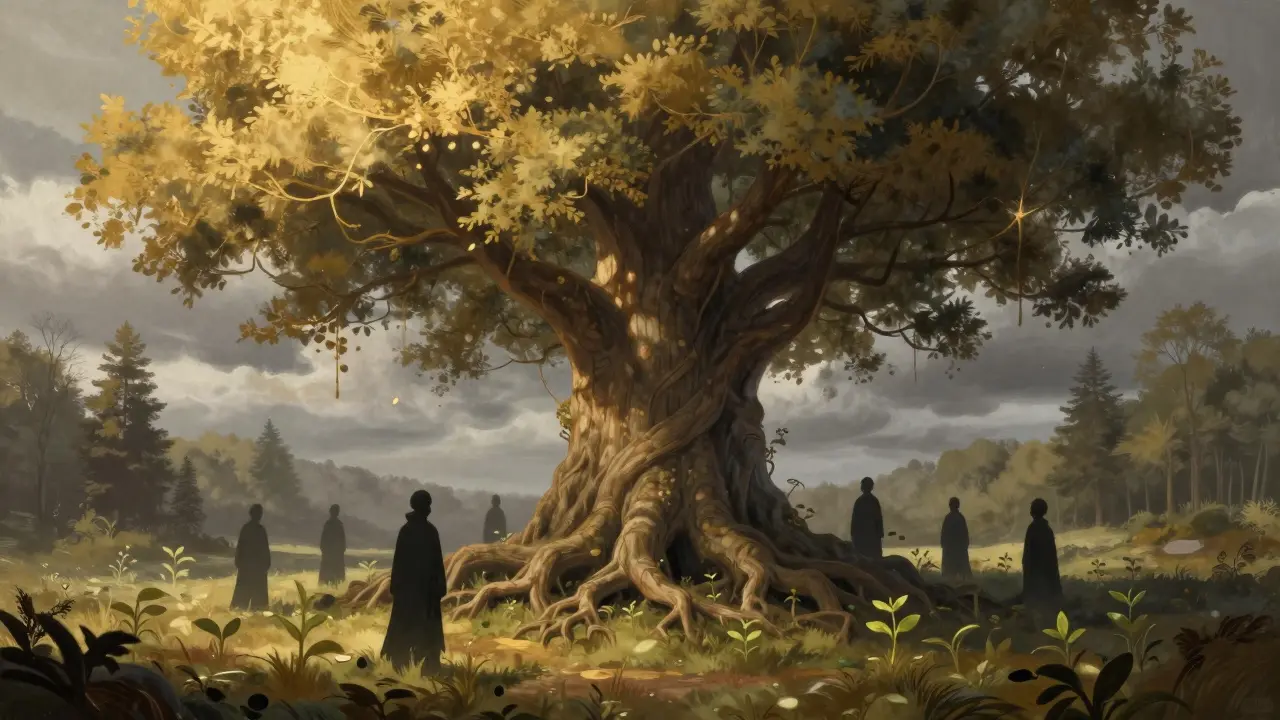 Ein Baum mit mächtigen Wurzeln und kleinen, schwachen Sämlingen