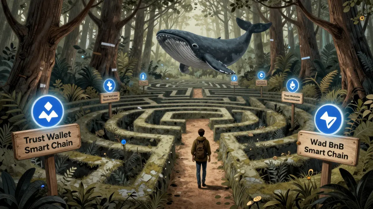 Ein Reisender navigiert durch einen Wald voller Krypto-Symbole und verborgener Risiken.
