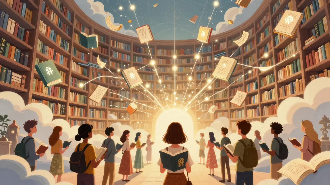 Eine magische Bibliothek mit schwebenden Büchern, die von vielen Menschen gemeinsam gehalten werden.
