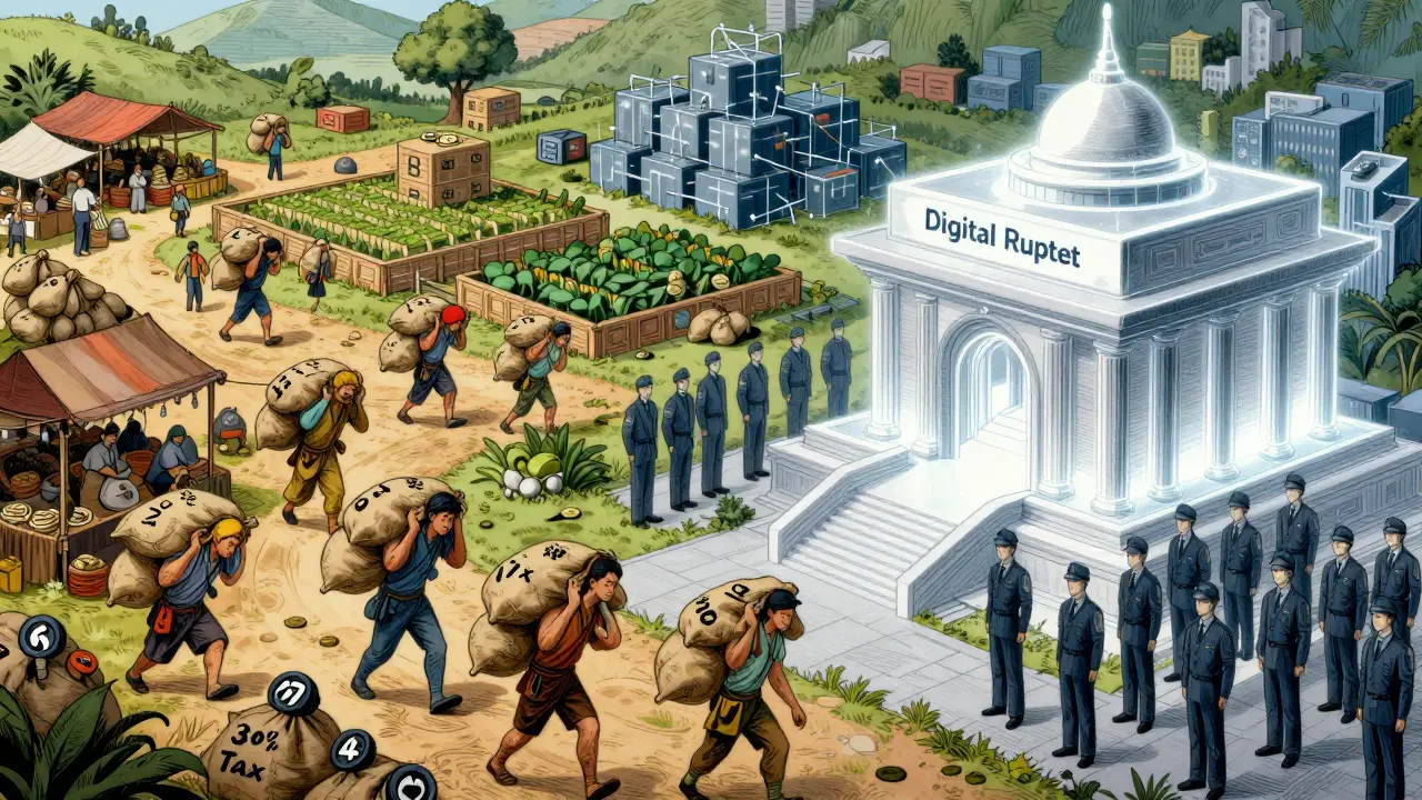 Märchenillustration: Besteuerter Kryptohandel neben dem Tempel des Digitalen Rupies