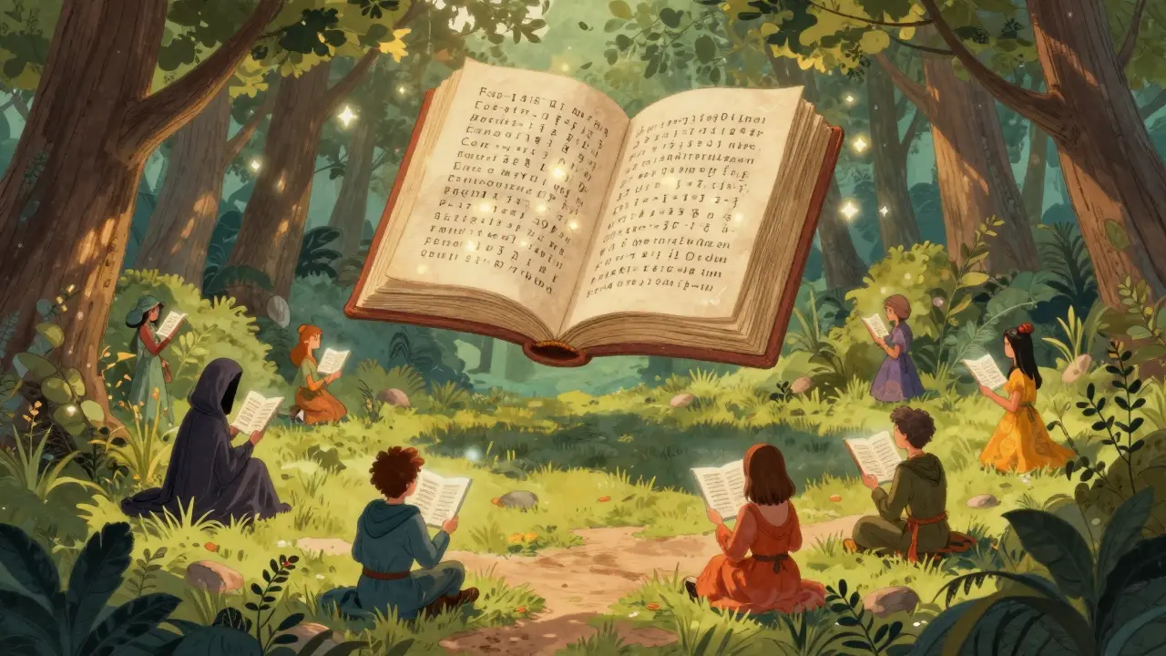 Offenes Buch mit leuchtenden Runen verbindet Menschen aus aller Welt ohne Barrieren