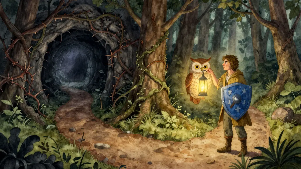 Reisender vor einer Wahl zwischen dunkler Höhle und Licht
