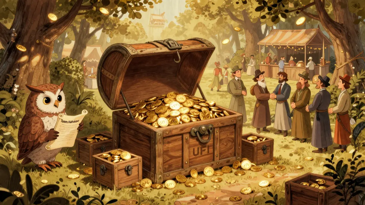 Schatzkiste mit UFI-Token, umgeben von Charakteren der Gemeinschaft