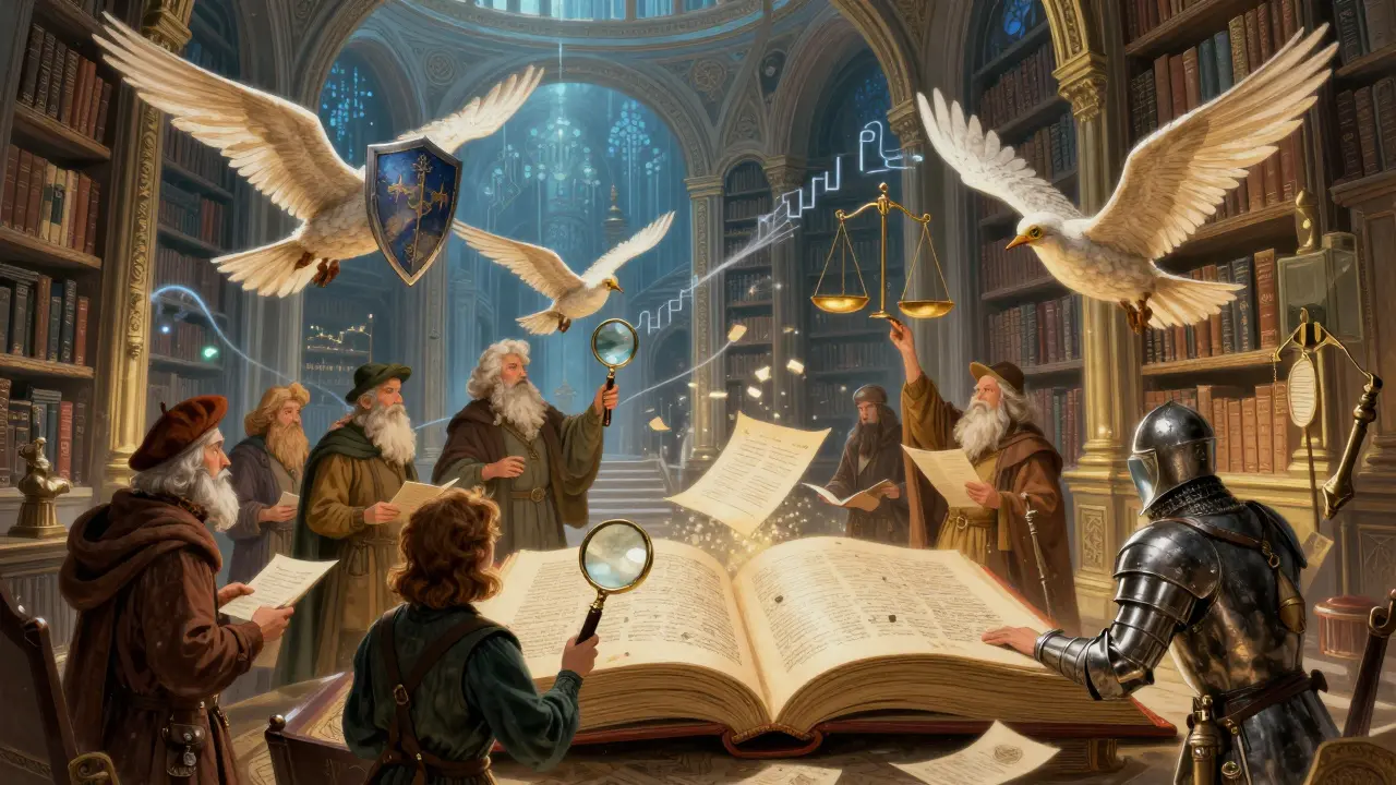 Wise Gelehrte mit fliegenden Pergamentvögeln in Bibliothek
