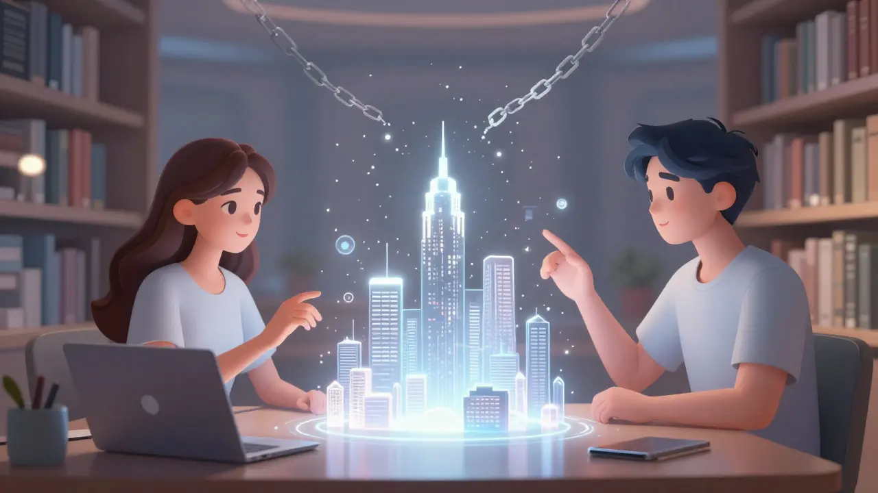 Zwei Avatare arbeiten an einem schwebenden Hologramm in einer ruhigen digitalen Bibliothek