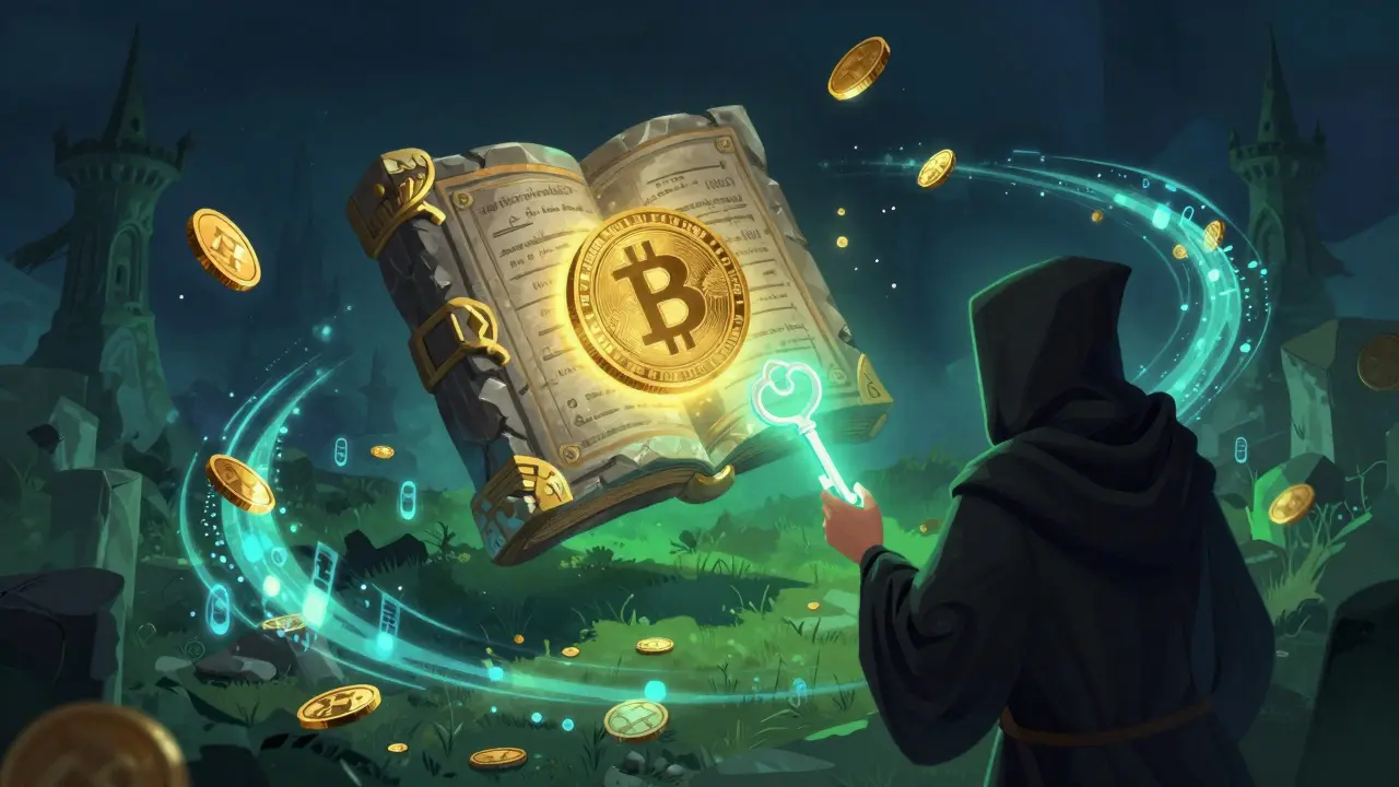 Allegorische Illustration: Goldene Münzen und ein leuchtender Schlüssel vor einem dunklen, mystischen Hintergrund.